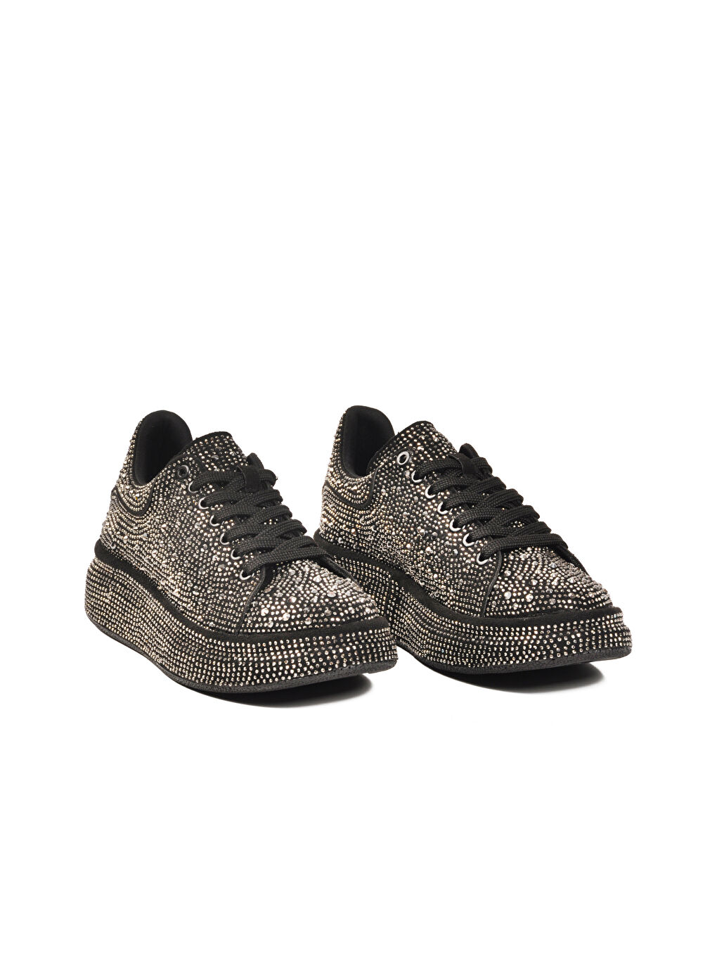 Siyah Platin Taş İşlemeli Bağcıklı Kadın Sneaker 989118-01 Z-2