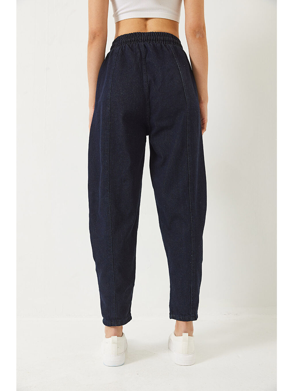 Lacivert Kadın Beli Lastikli Cepli Jogger Denim Pantolon-6