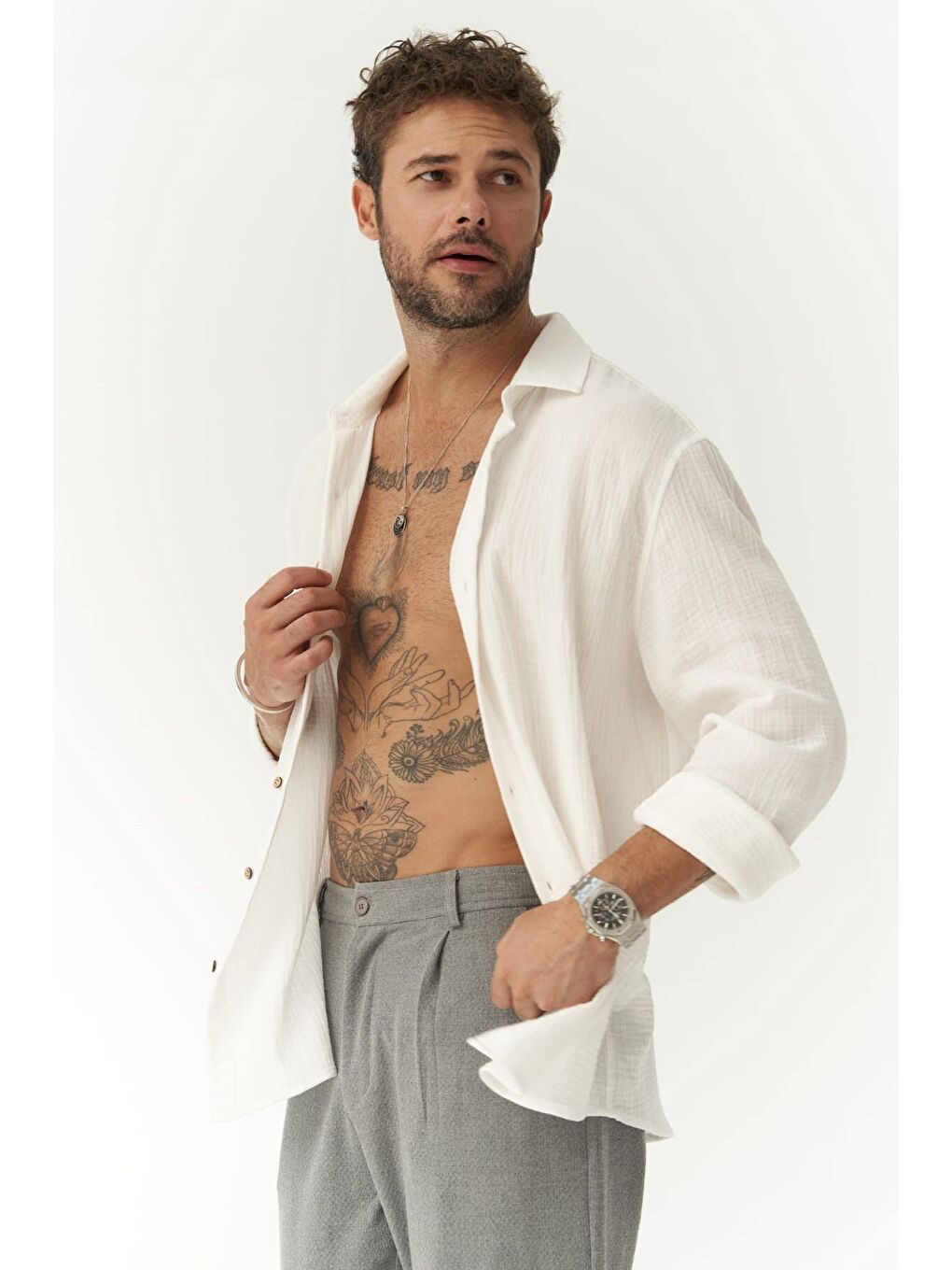 Herman Oversize Erkek Beyaz Müslin Gömlek-1