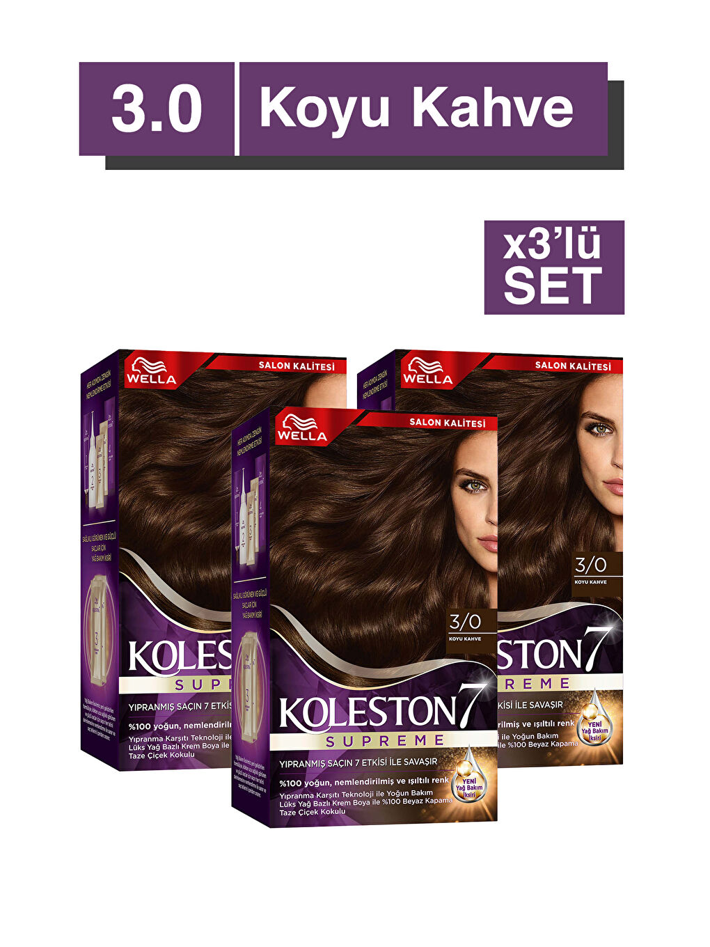 Wella Renksiz Koleston Supreme Saç Boyası 3/0 Koyu Kahve x3' li Set