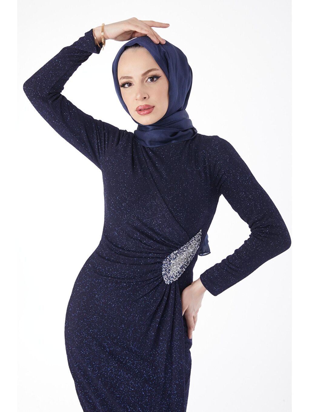 Bisiklet Yaka Kadın Lacivert Beli Taş Detaylı Abiye Elbise - 24586-3