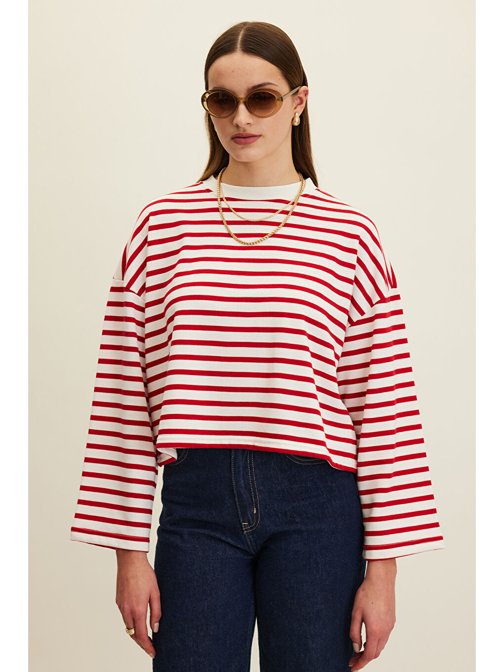 Renksiz Çizgili Crop Oversize Sweatshırt Kırmızı Çizgi-1