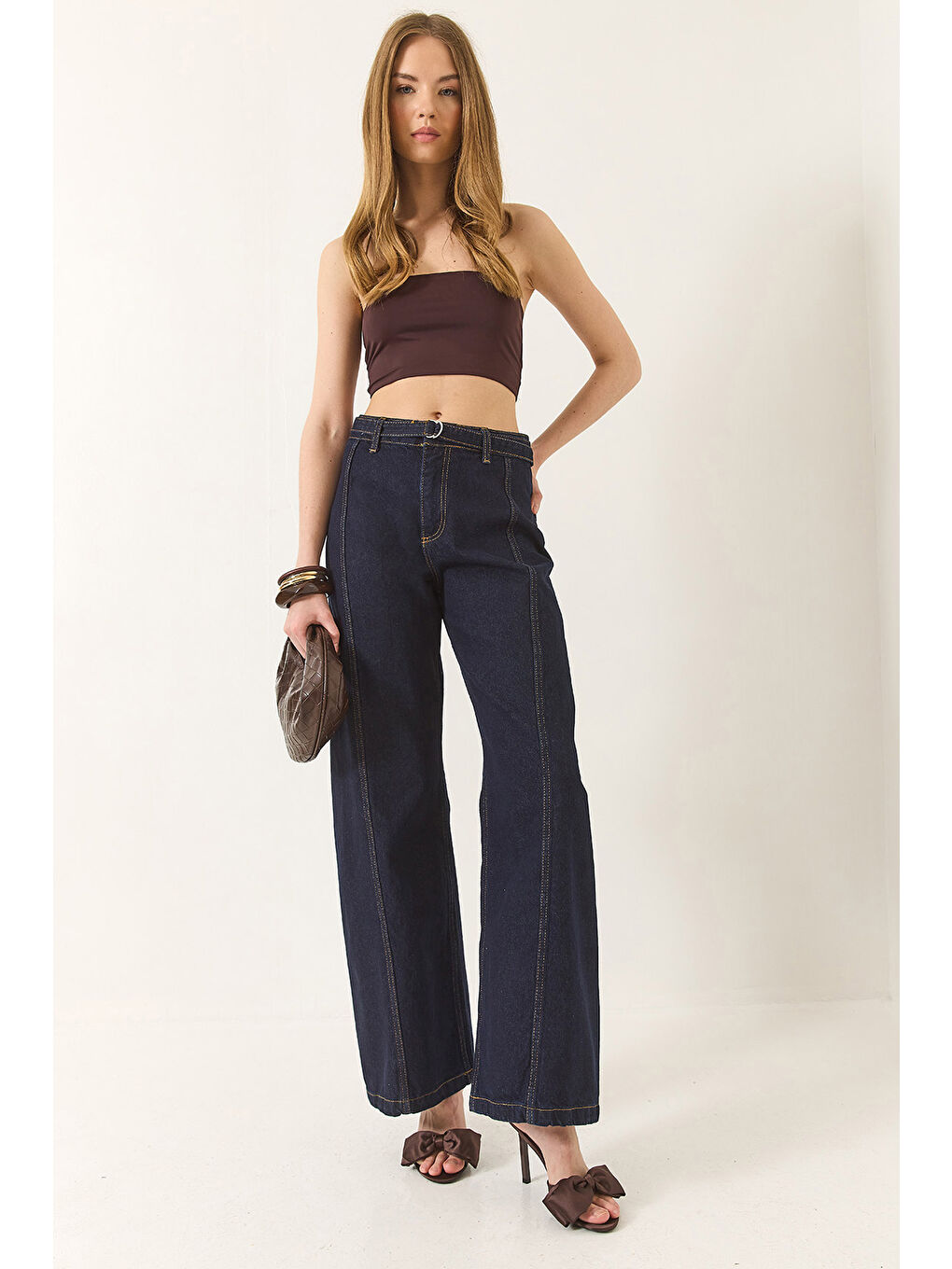 Lacivert Kadın Wide Leg Yüksek Bel Geniş Paça Kemerli Denim Pantolon