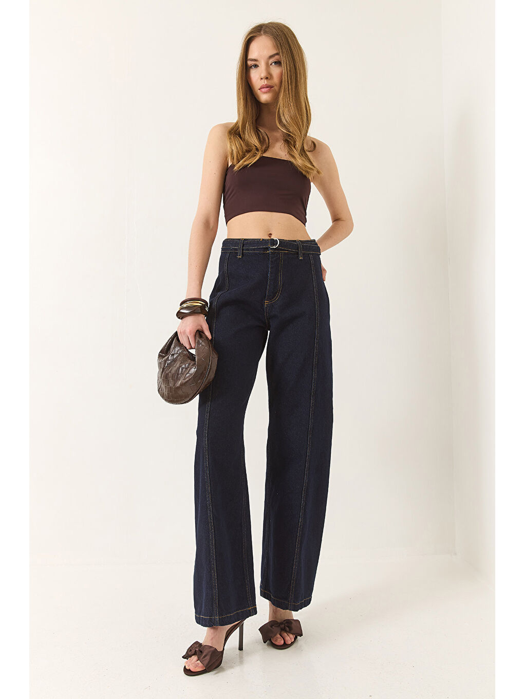 Lacivert Kadın Wide Leg Yüksek Bel Geniş Paça Kemerli Denim Pantolon-1