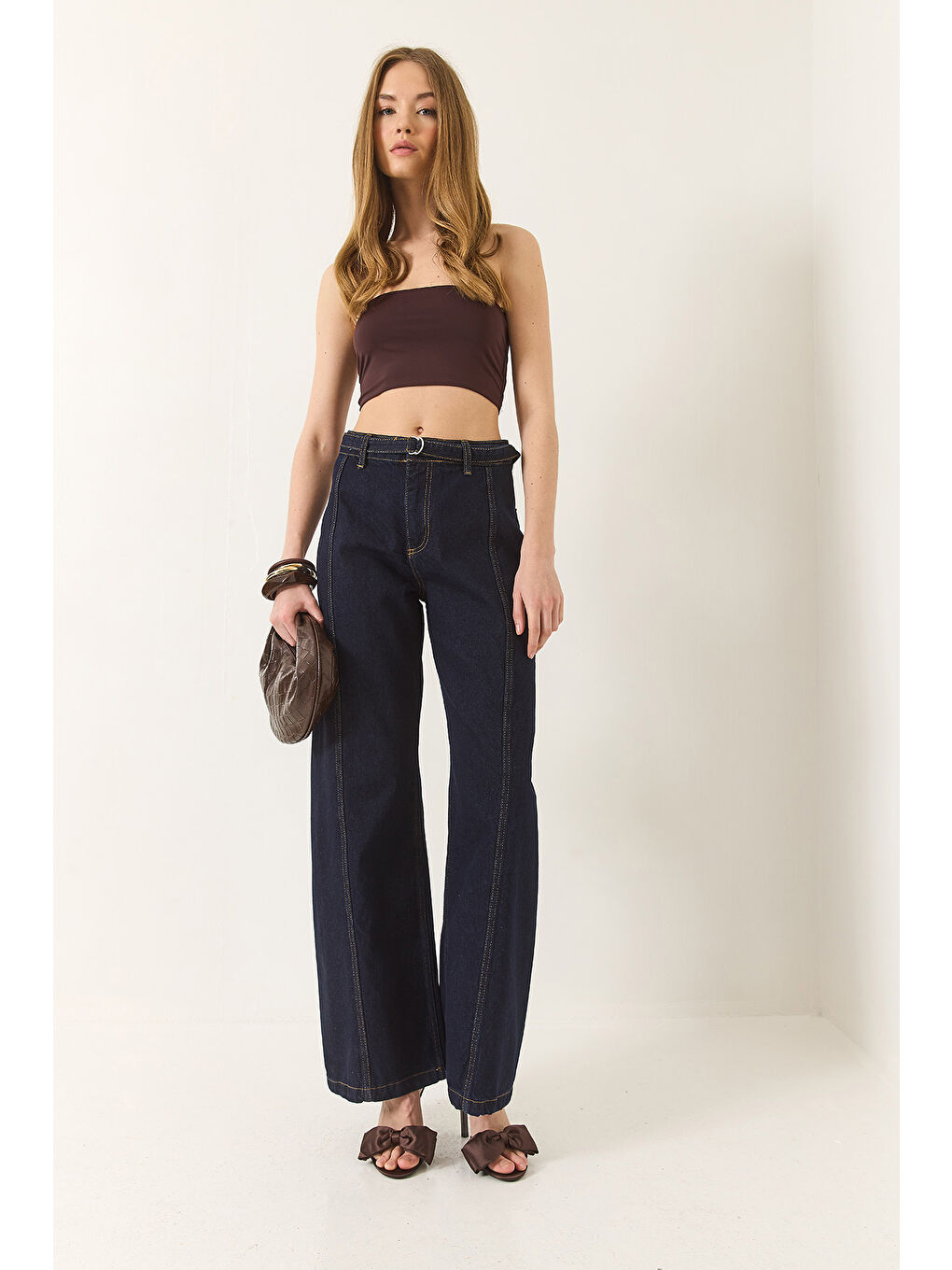 Lacivert Kadın Wide Leg Yüksek Bel Geniş Paça Kemerli Denim Pantolon-2