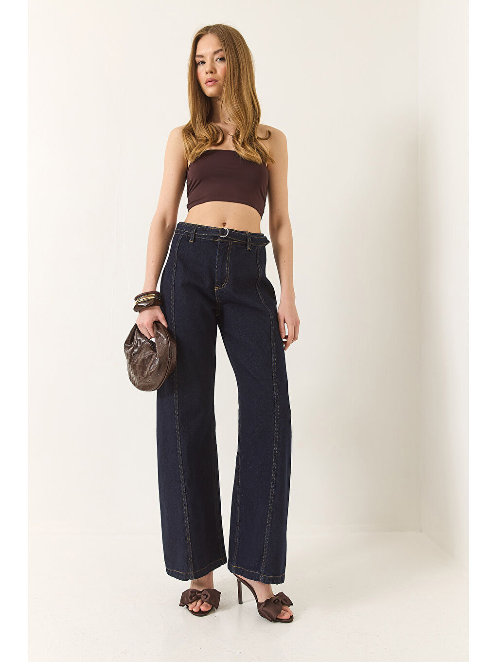 Lacivert Kadın Wide Leg Yüksek Bel Geniş Paça Kemerli Denim Pantolon-3