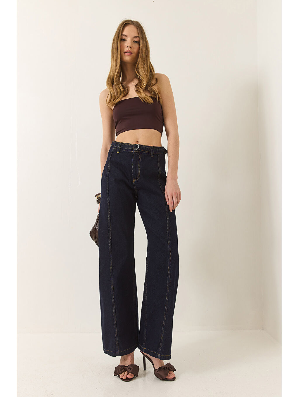 Lacivert Kadın Wide Leg Yüksek Bel Geniş Paça Kemerli Denim Pantolon-4