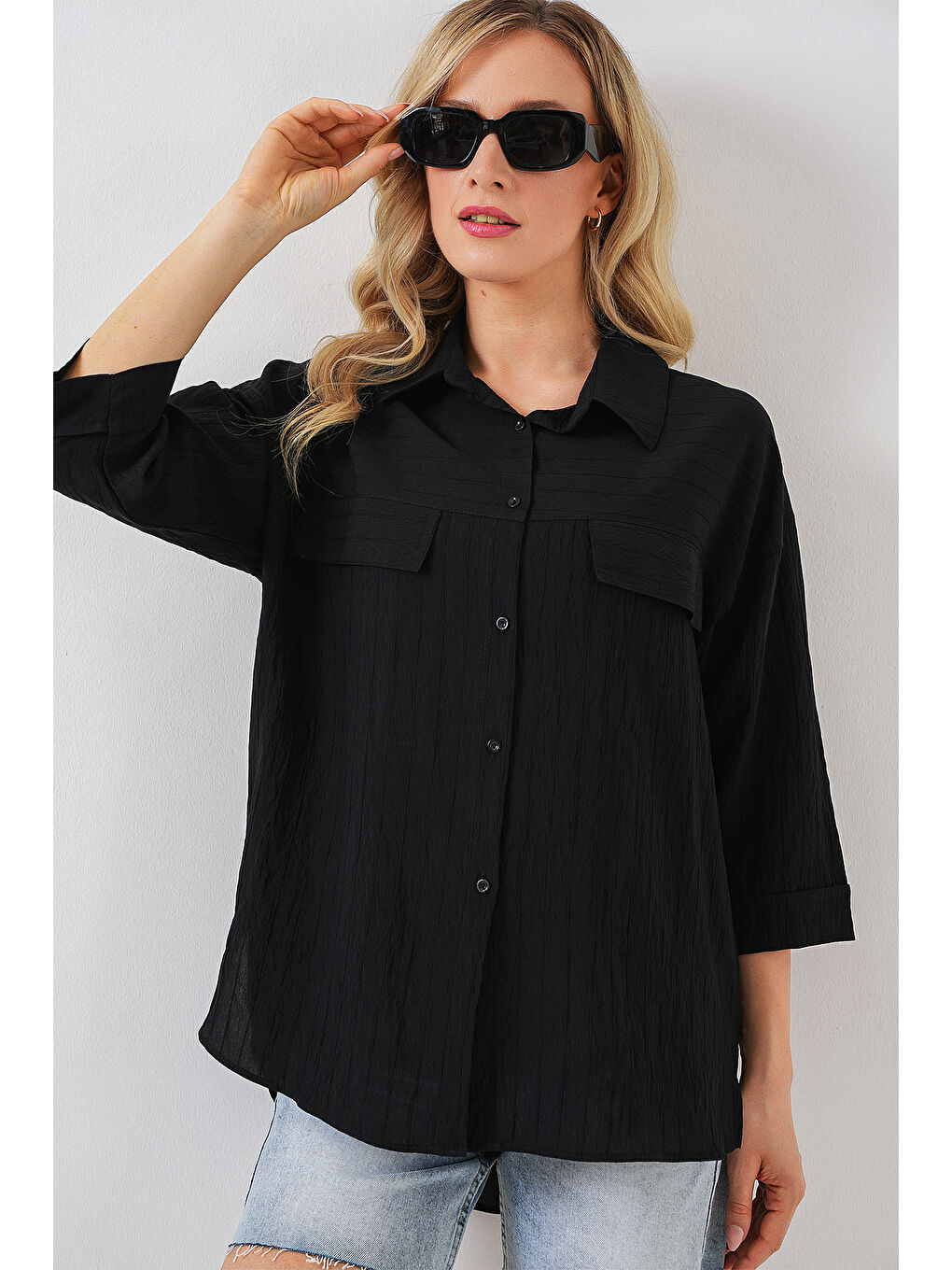 Kadın Cep Detaylı Kısa Kol Gömlek 20317 - Siyah-2