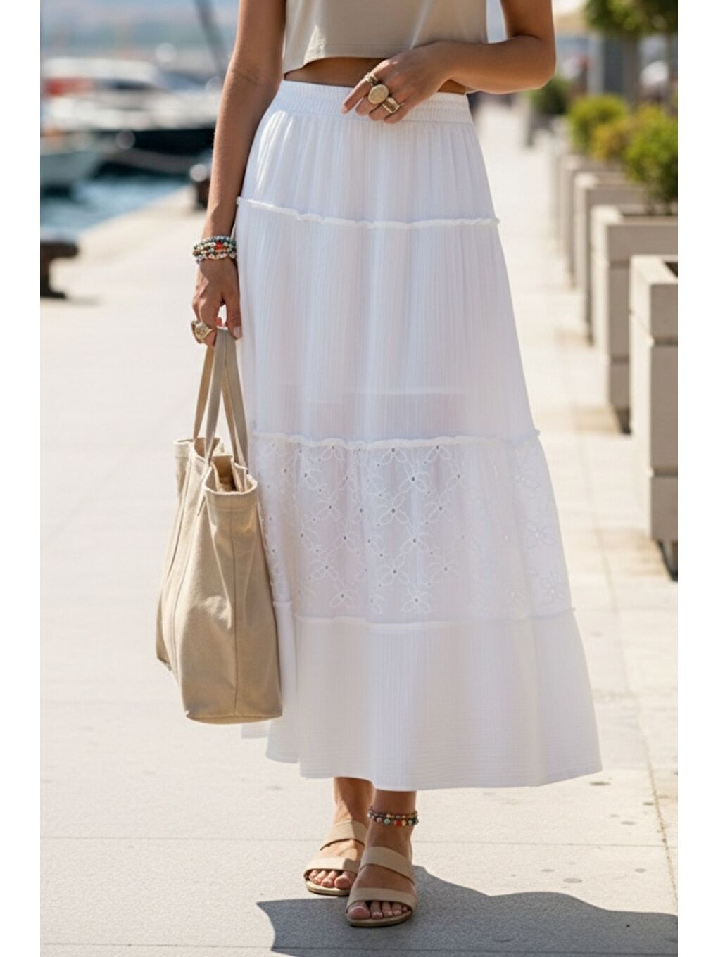 Beyaz Eteği Fırfırlı Brodeli Lastikli Bel Casual Müslin Uzun Dokuma Etek 92 65