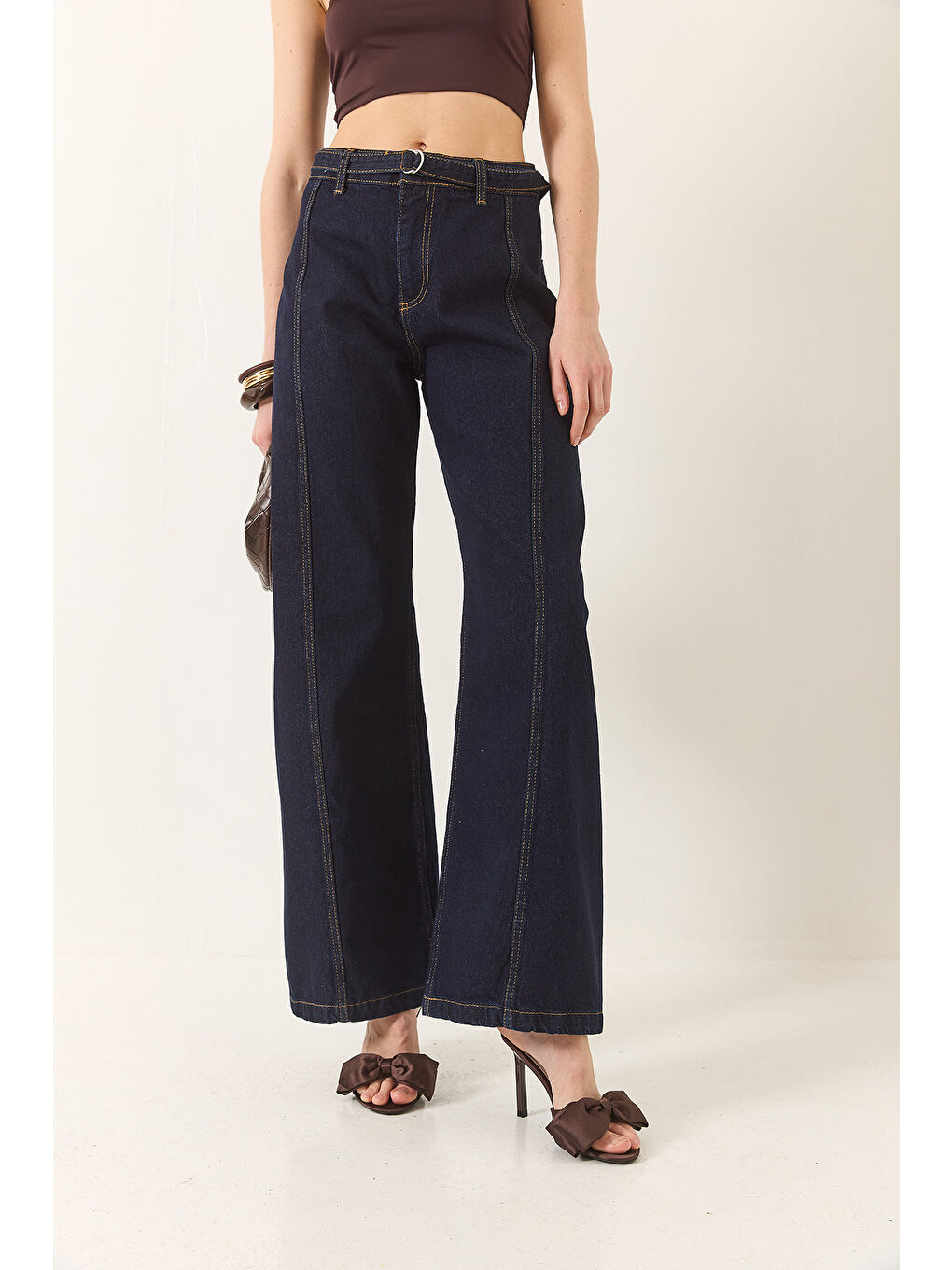 Lacivert Kadın Wide Leg Yüksek Bel Geniş Paça Kemerli Denim Pantolon-5