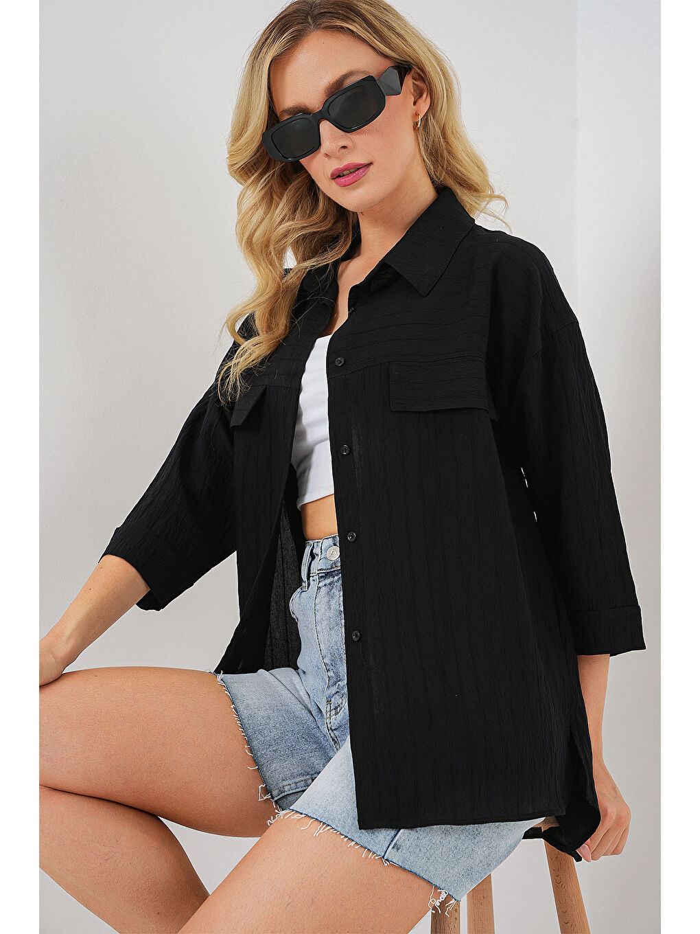 Kadın Cep Detaylı Kısa Kol Gömlek 20317 - Siyah-3