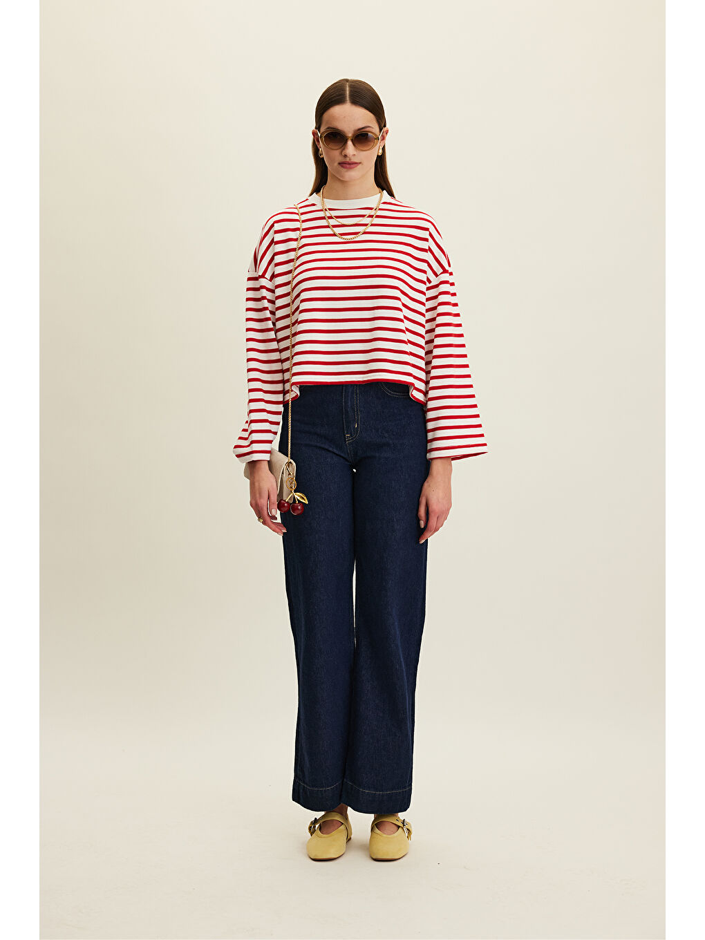 Renksiz Çizgili Crop Oversize Sweatshırt Kırmızı Çizgi-3