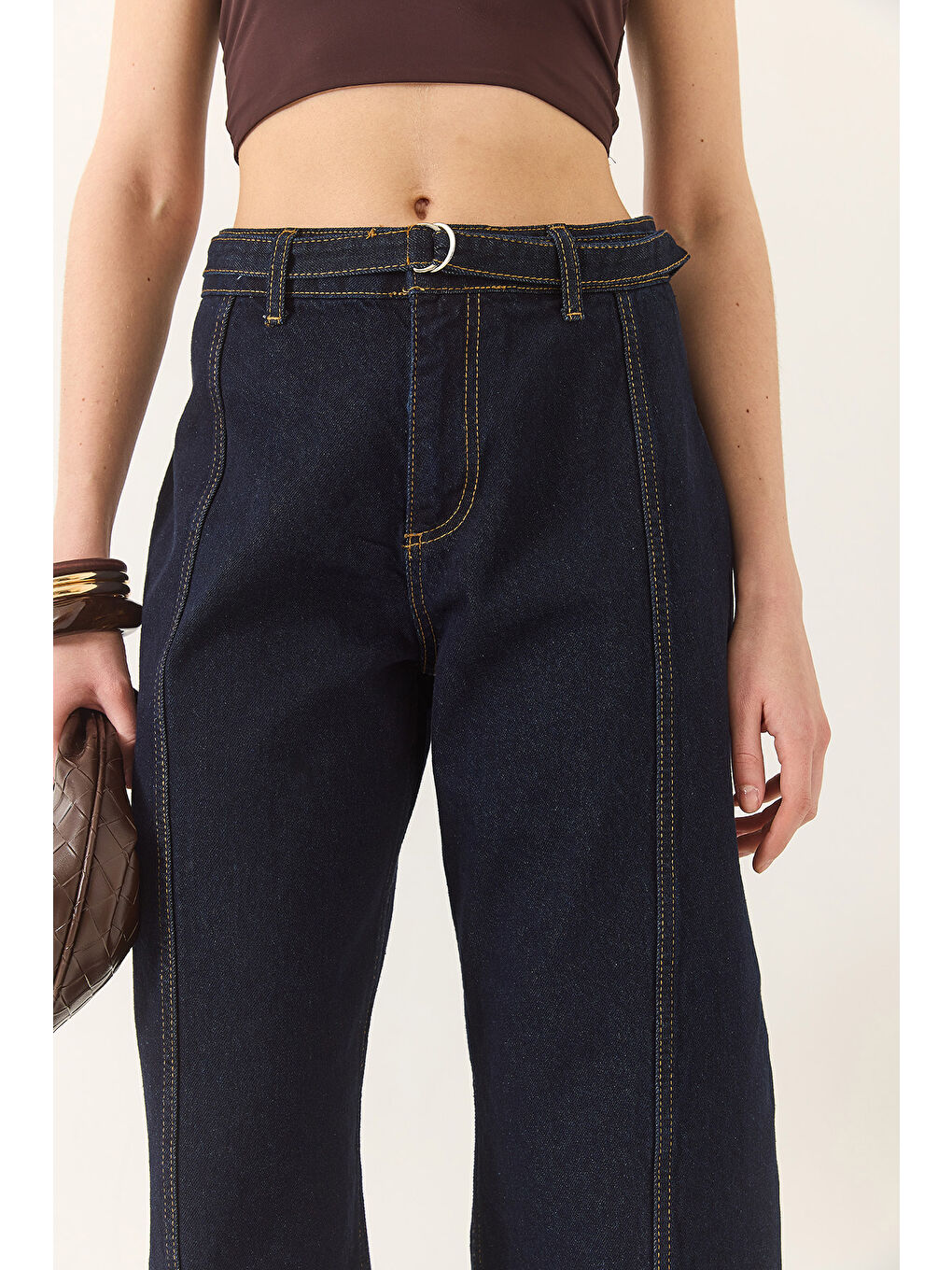 Lacivert Kadın Wide Leg Yüksek Bel Geniş Paça Kemerli Denim Pantolon-6