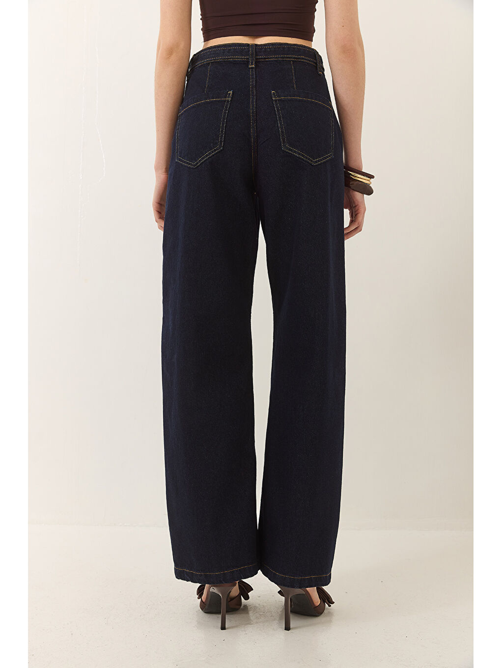 Lacivert Kadın Wide Leg Yüksek Bel Geniş Paça Kemerli Denim Pantolon-7