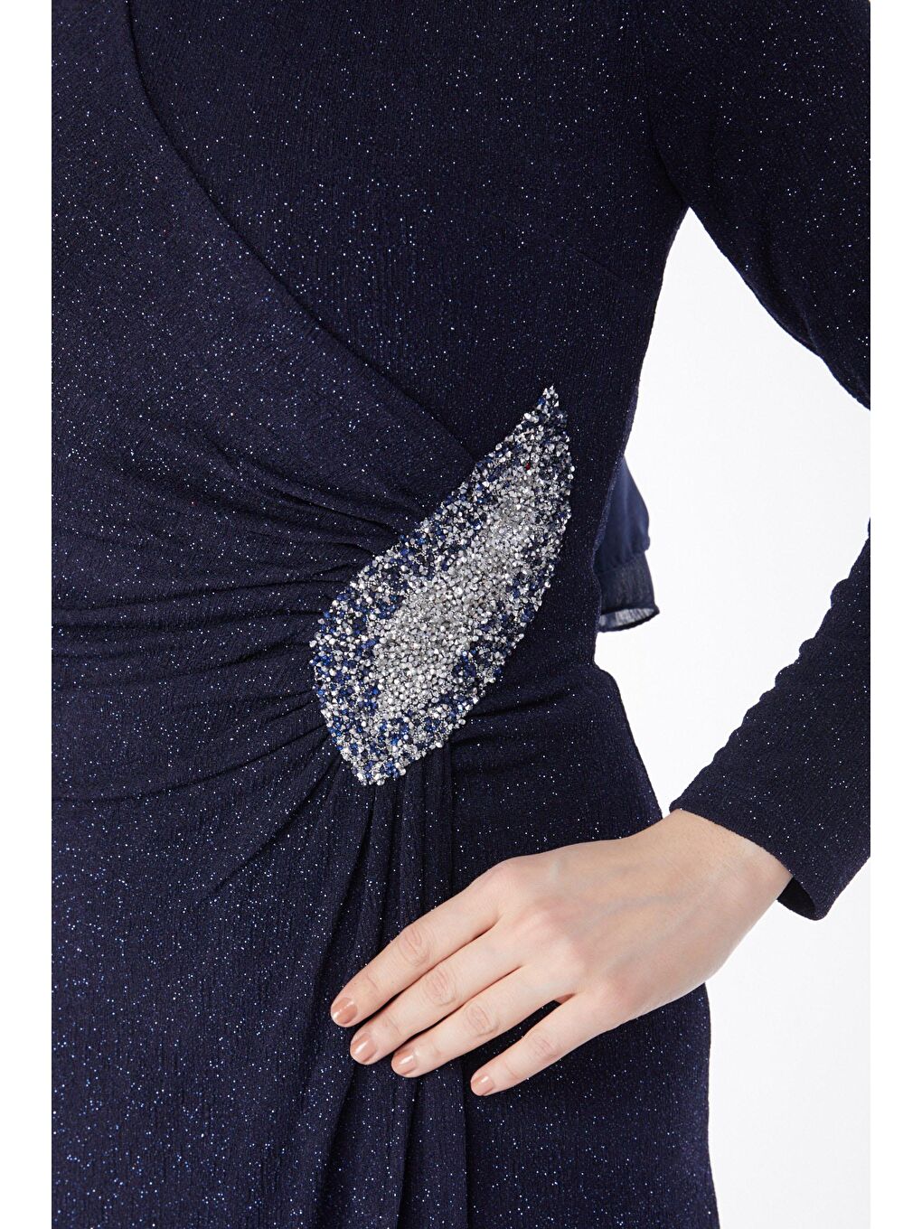 Bisiklet Yaka Kadın Lacivert Beli Taş Detaylı Abiye Elbise - 24586-4