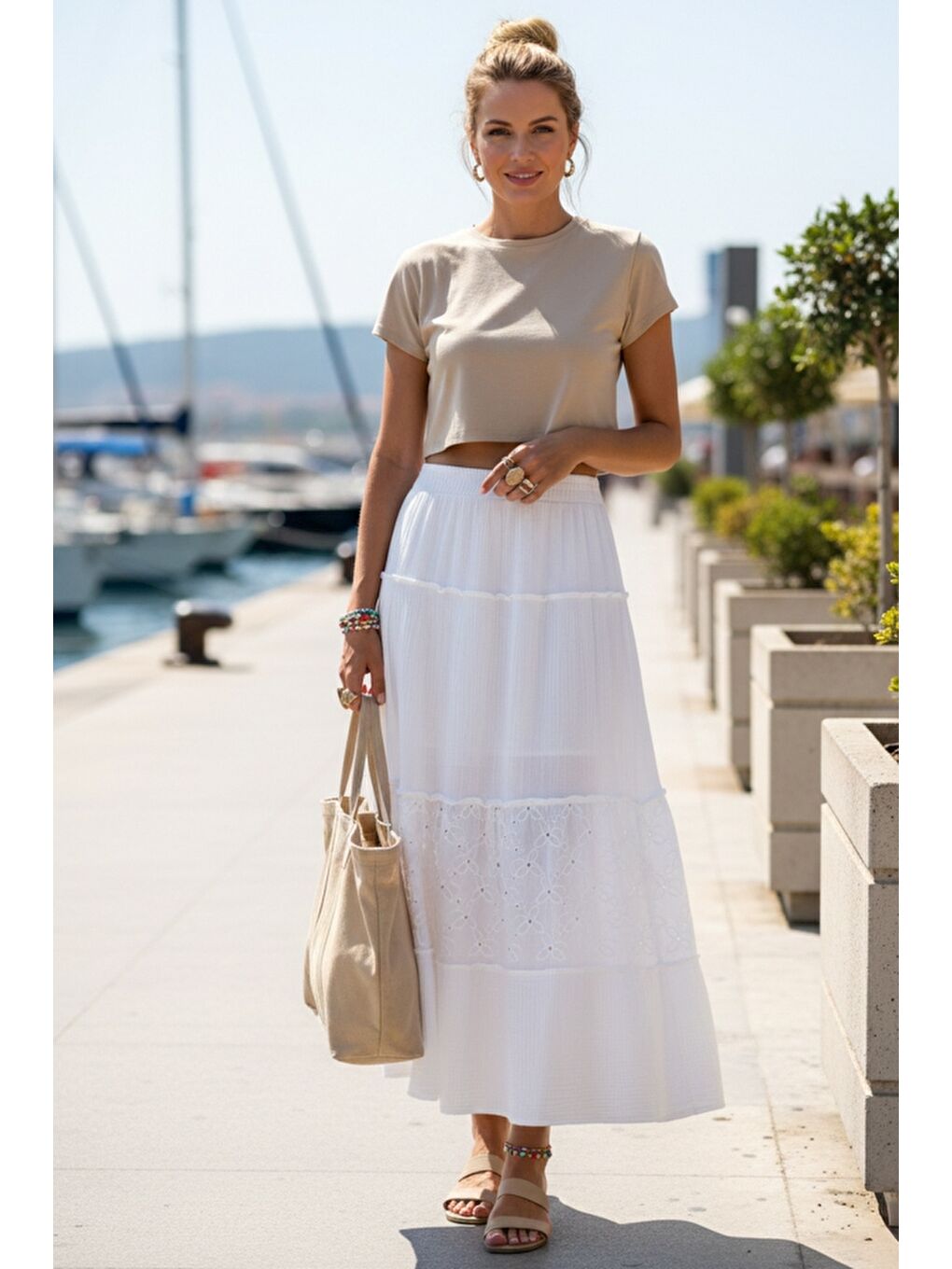 Beyaz Eteği Fırfırlı Brodeli Lastikli Bel Casual Müslin Uzun Dokuma Etek 92 65-1
