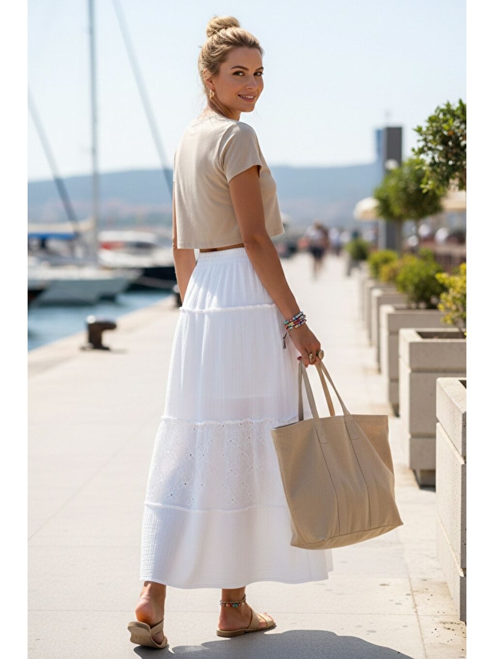 Beyaz Eteği Fırfırlı Brodeli Lastikli Bel Casual Müslin Uzun Dokuma Etek 92 65-2