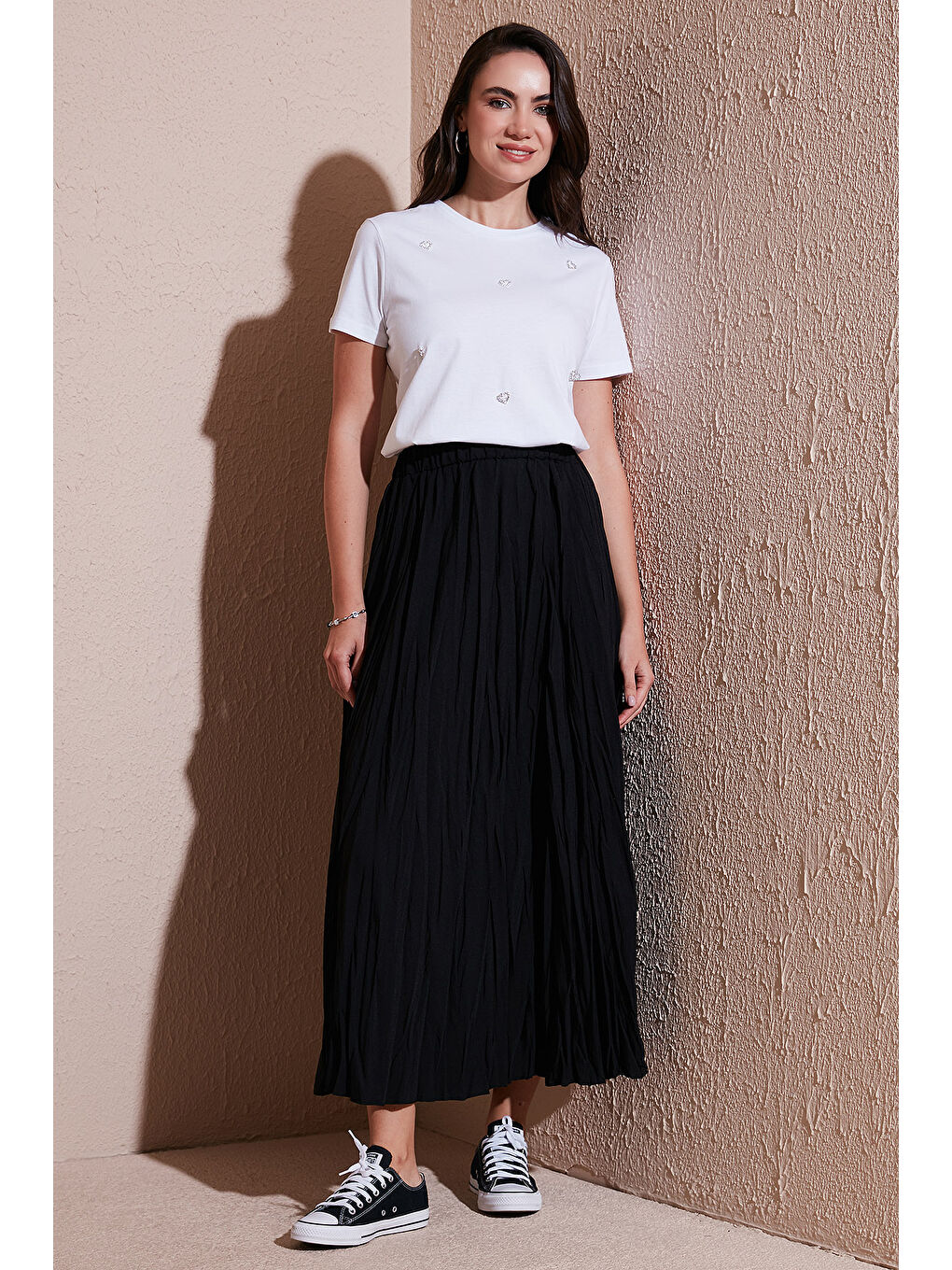 Siyah Modest Pamuk Karışımlı Regular Fit Kırışık Görünümlü Uzun Kadın Tesettür Etek 6698042-1