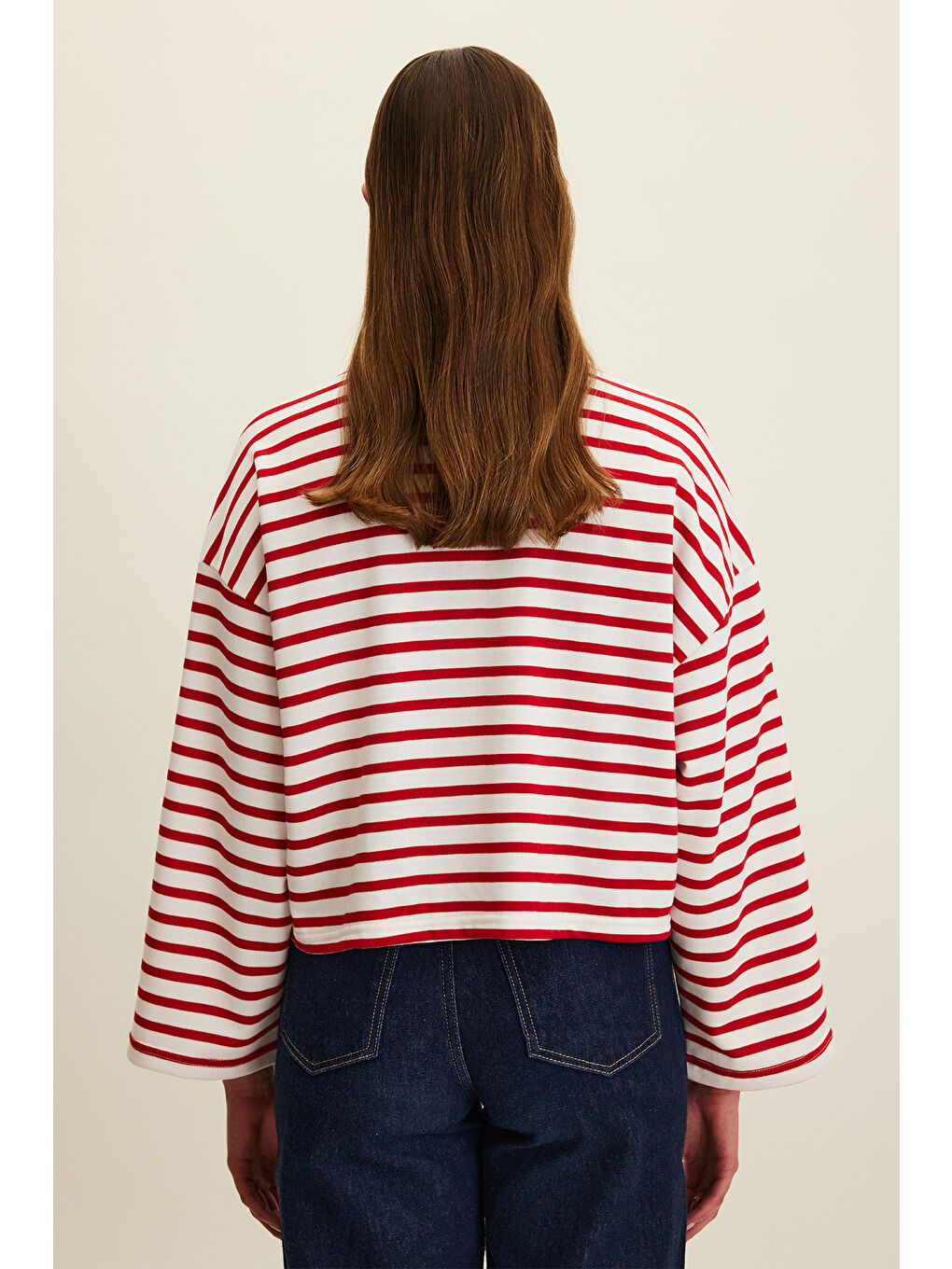 Renksiz Çizgili Crop Oversize Sweatshırt Kırmızı Çizgi-4