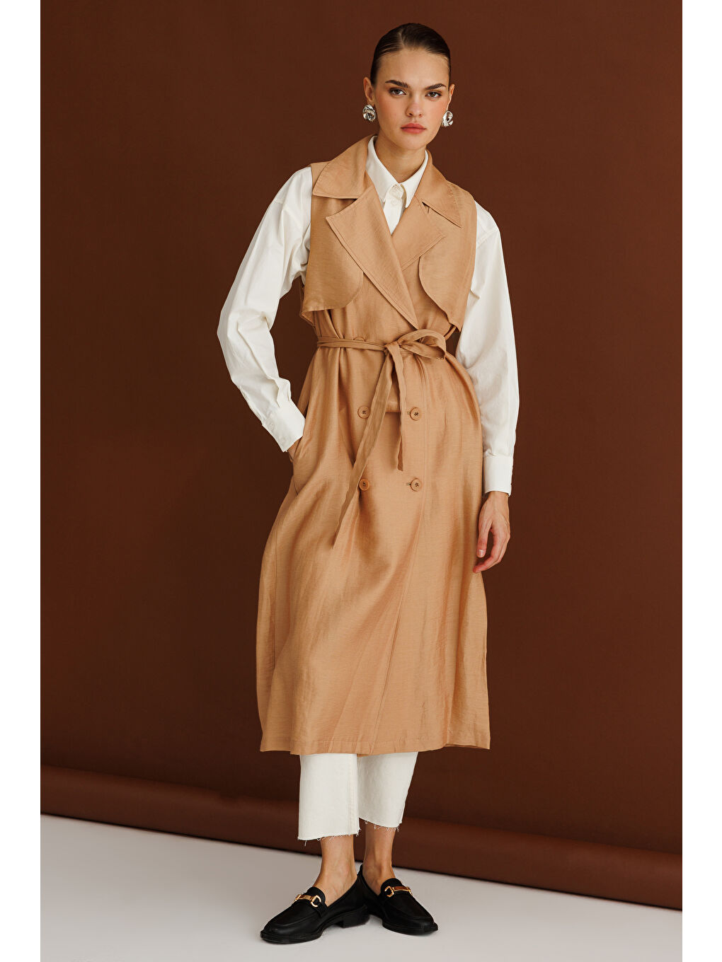 Bej Keten Karışımlı Camel Uzun Trençkot Yelek-2