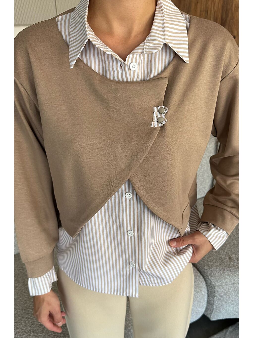 Ekru Kadın Gömlek Garnili Sweatshirt-1