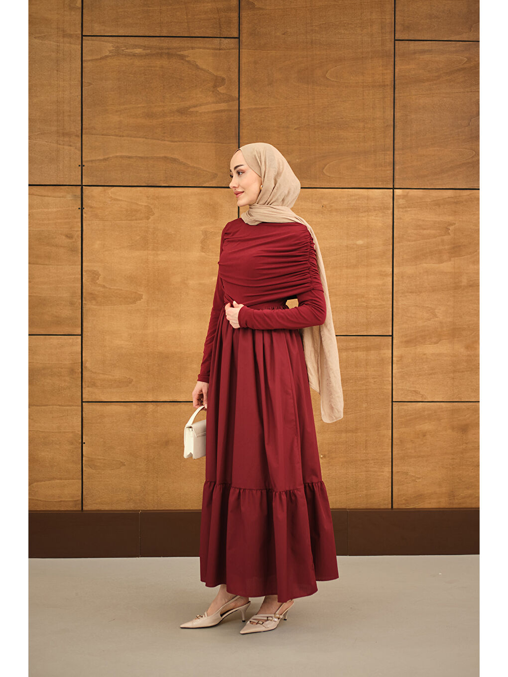 Kadın Büzgü Detaylı Sandy Poplin Elbise Bordo-1