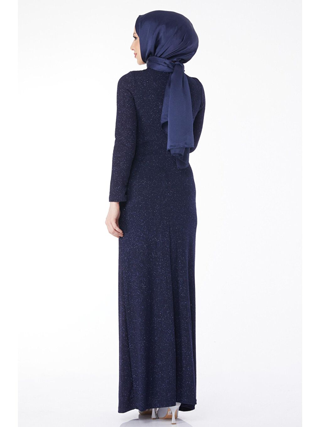 Bisiklet Yaka Kadın Lacivert Beli Taş Detaylı Abiye Elbise - 24586-5