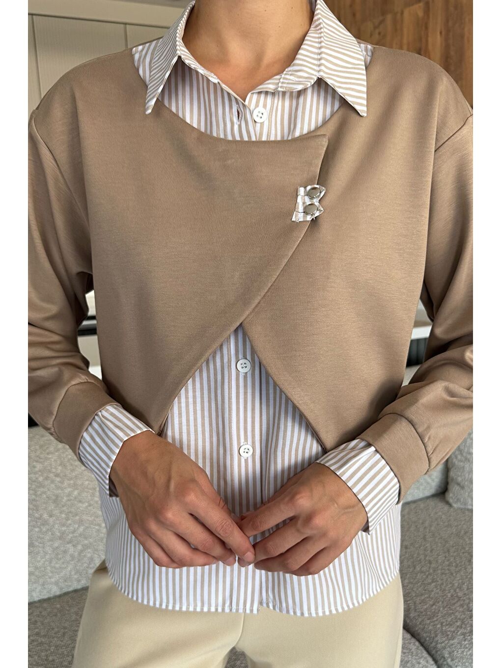 Ekru Kadın Gömlek Garnili Sweatshirt-2