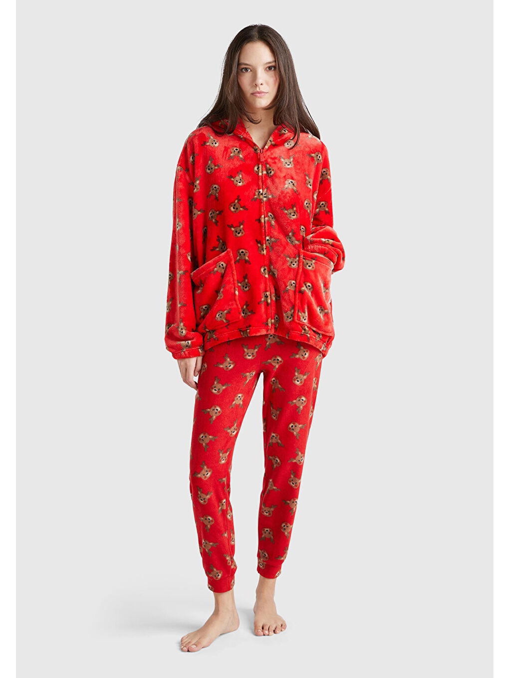 Kadın Kırmızı İpek Ve Modal Karışımlı Baskılı Beli Elastik Jogger Pijama Altı