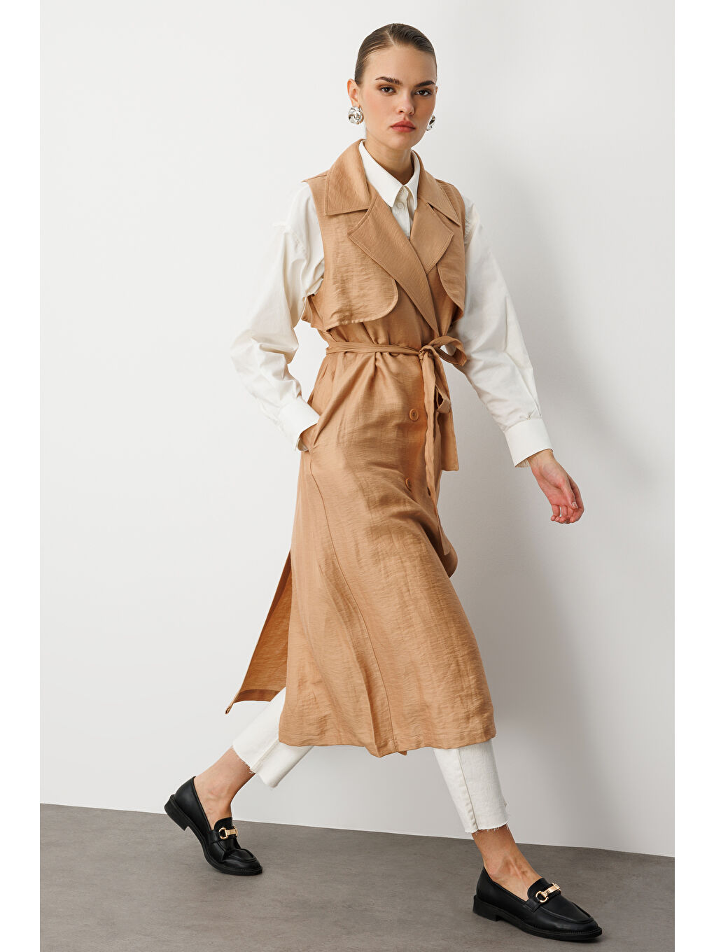 Bej Keten Karışımlı Camel Uzun Trençkot Yelek-3