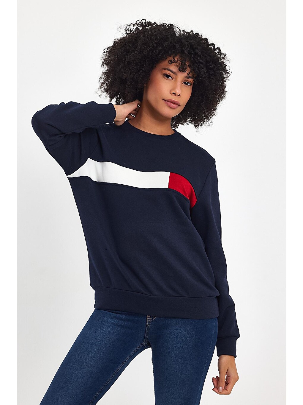 Lacivert Kadın Bisiklet Yaka Rahat Kalıp 3 İplik Kalın Garnili Sweatshirt Spr24swk35
