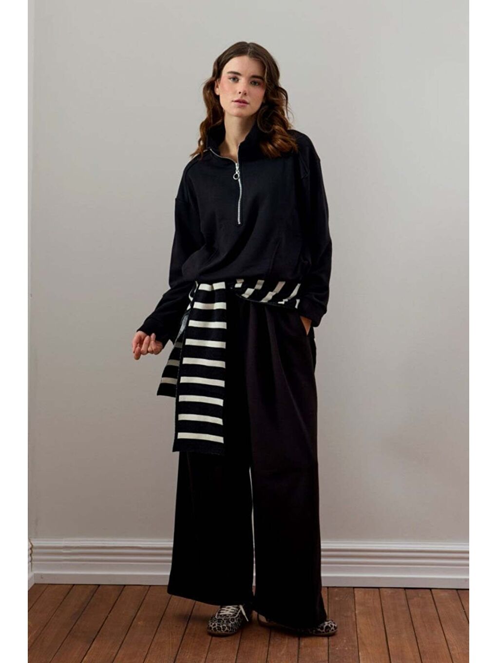 Siyah 3 İplik Yarım Fermuarlı Eşofman Takım