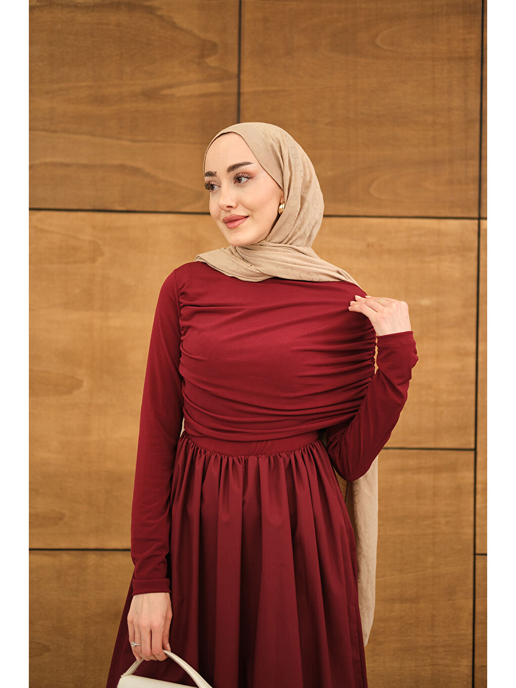 Kadın Büzgü Detaylı Sandy Poplin Elbise Bordo-2
