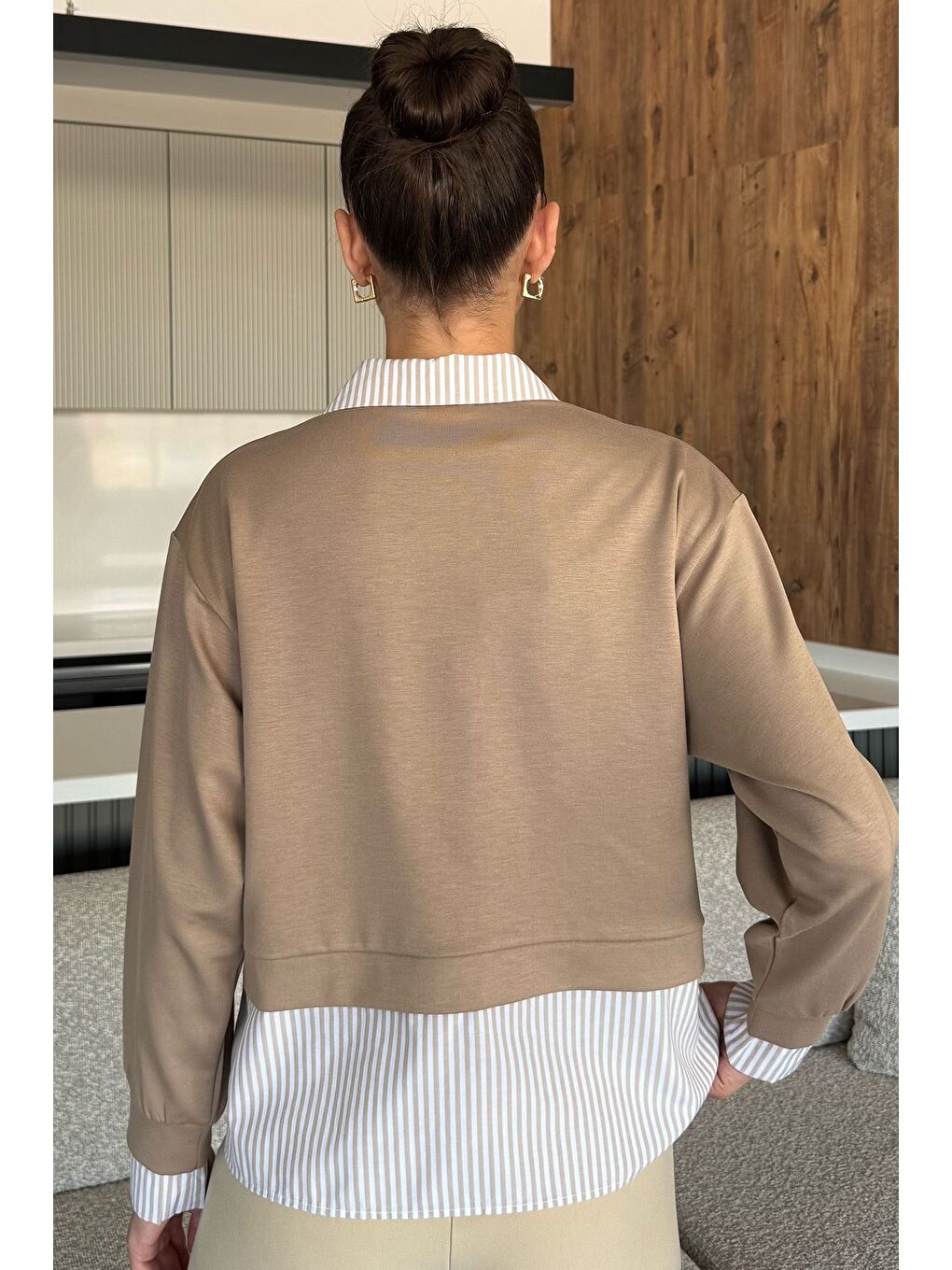 Ekru Kadın Gömlek Garnili Sweatshirt-3