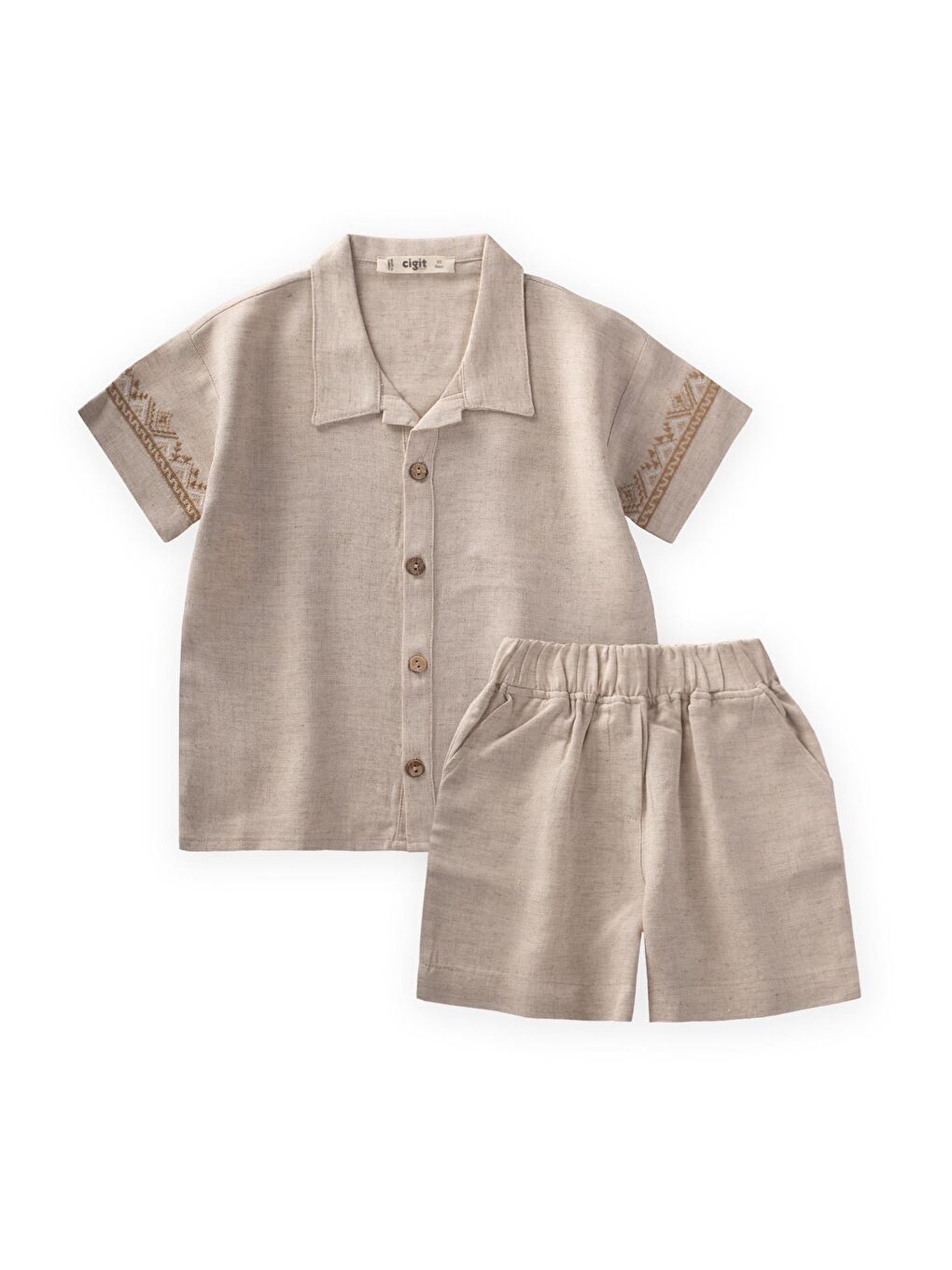 Ekru Kolları Nakışlı Gömlek Şort Keten Takım 2-7 Yaş Naturel-1