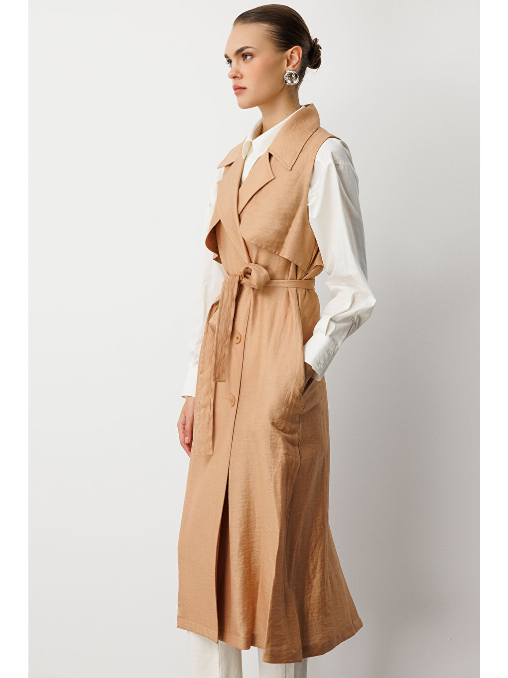 Bej Keten Karışımlı Camel Uzun Trençkot Yelek-4