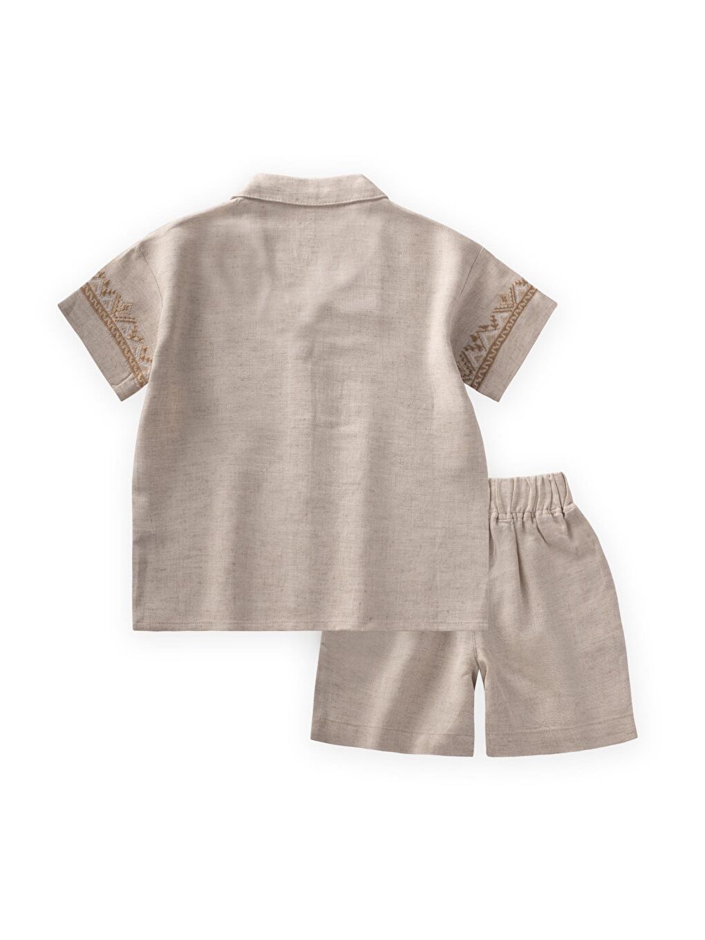 Ekru Kolları Nakışlı Gömlek Şort Keten Takım 2-7 Yaş Naturel-2