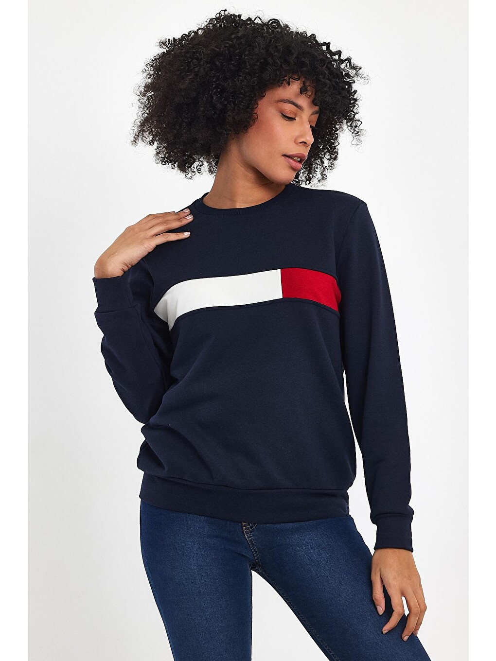Lacivert Kadın Bisiklet Yaka Rahat Kalıp 3 İplik Kalın Garnili Sweatshirt Spr24swk35-1