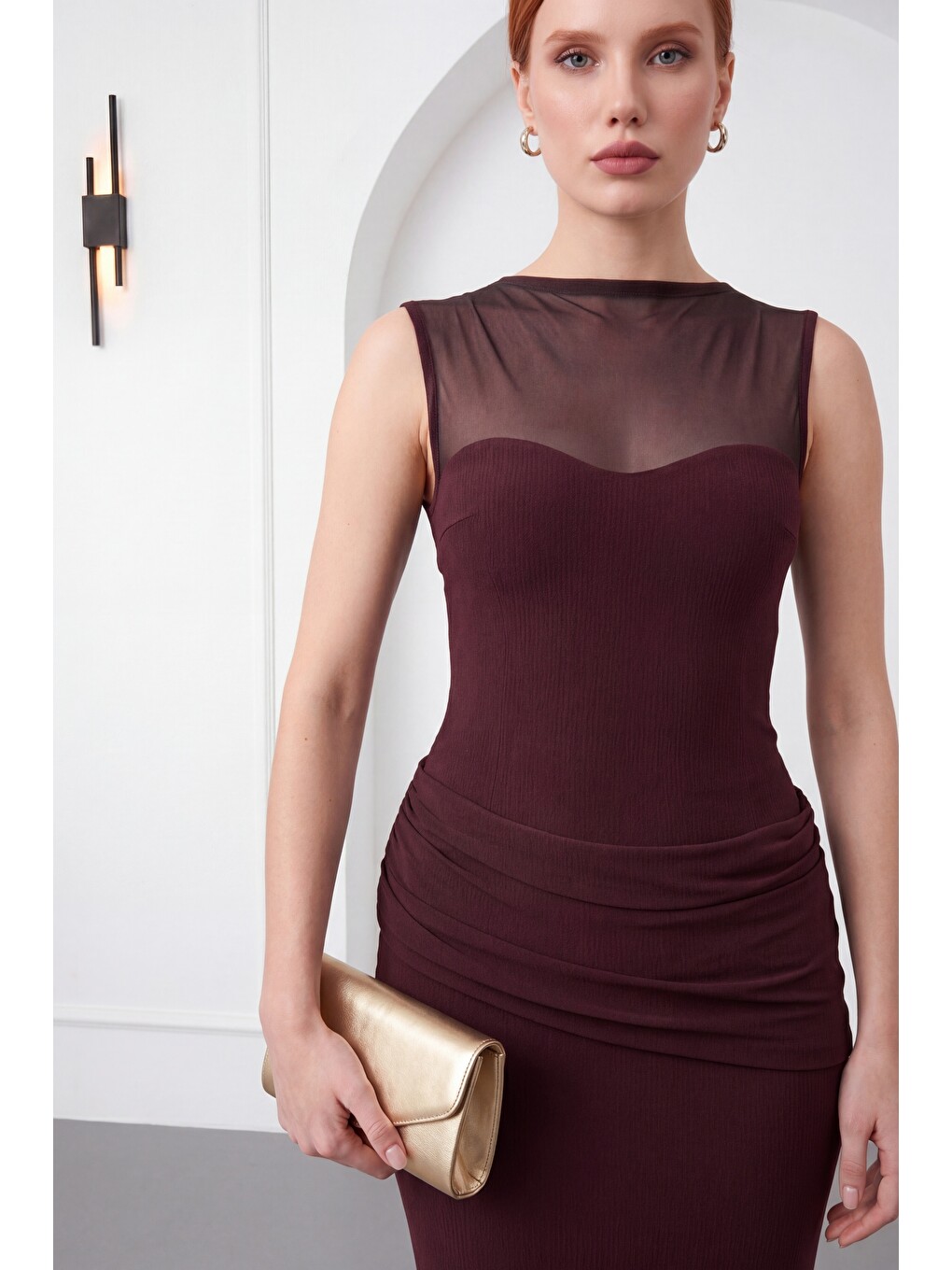Kadın Kahverengi Bisiklet Yaka Tül Detay Örme Elbise-3