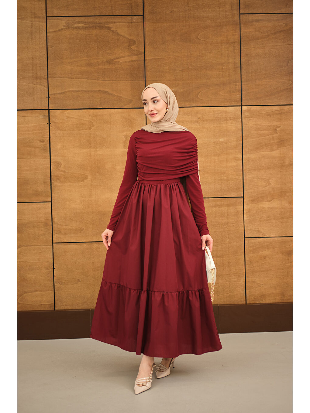 Kadın Büzgü Detaylı Sandy Poplin Elbise Bordo-3