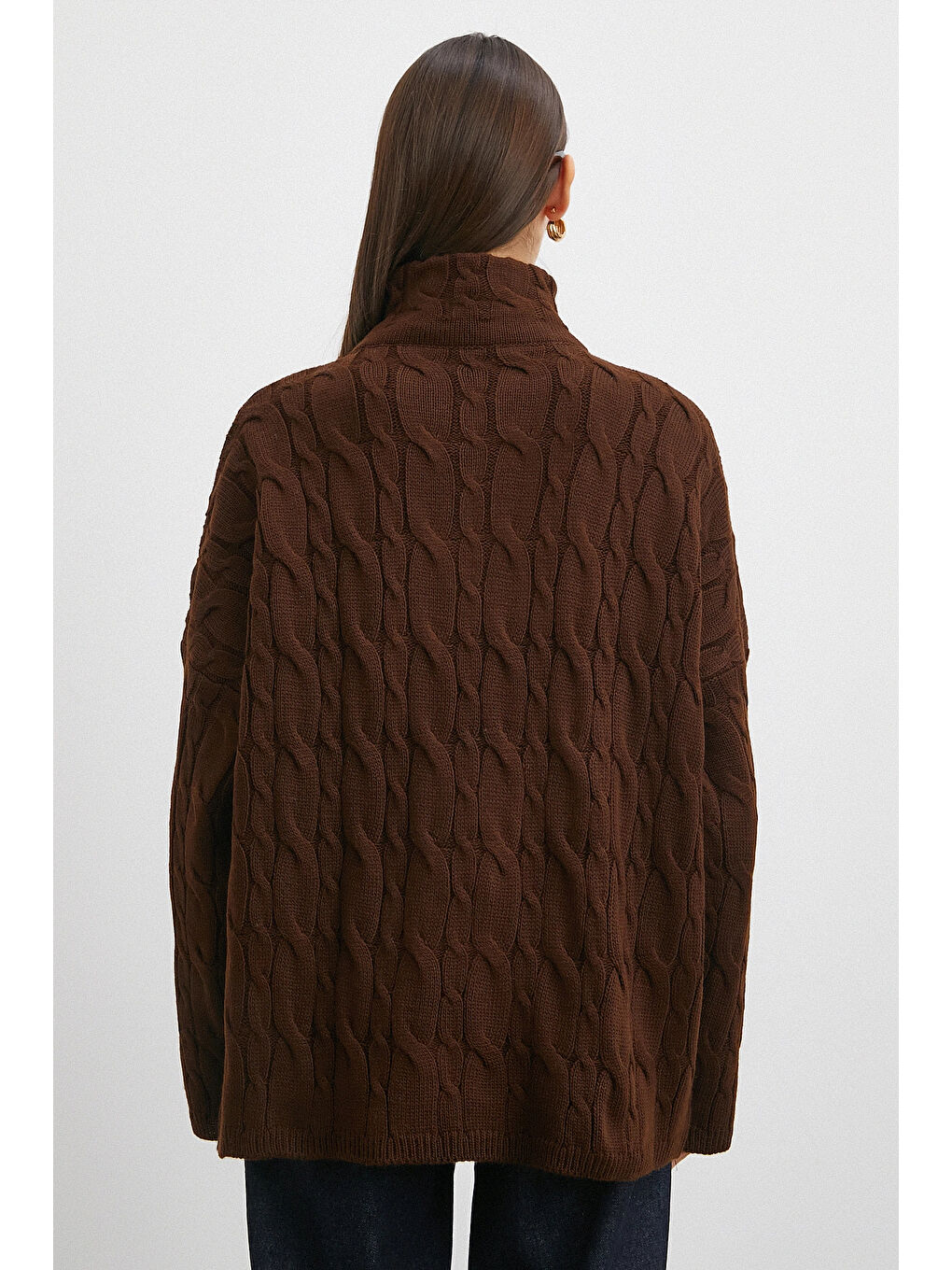 Karışık Saç Örgülü Yarım Fermuarlı Kazak Kahve-5