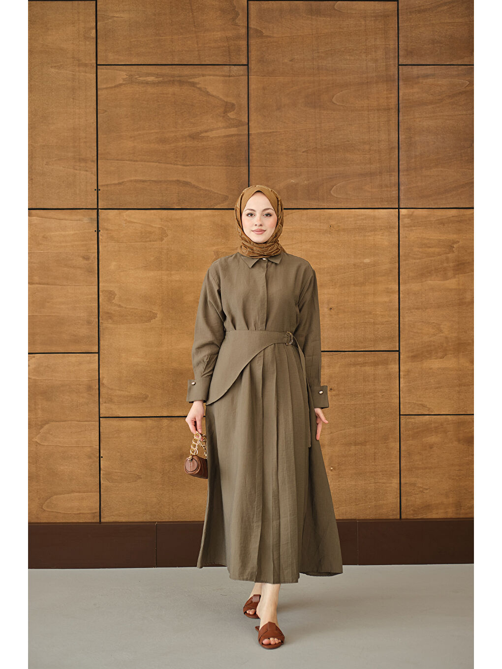 Kadın Pileli Kemer Bağlamalı Boydan Düğmeli Elbise Haki Yeşil-4