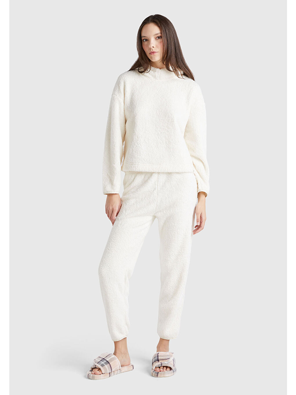 Ekru Kadın Krem Beli Elastik Rahat Kesim Jogger Pijama Altı