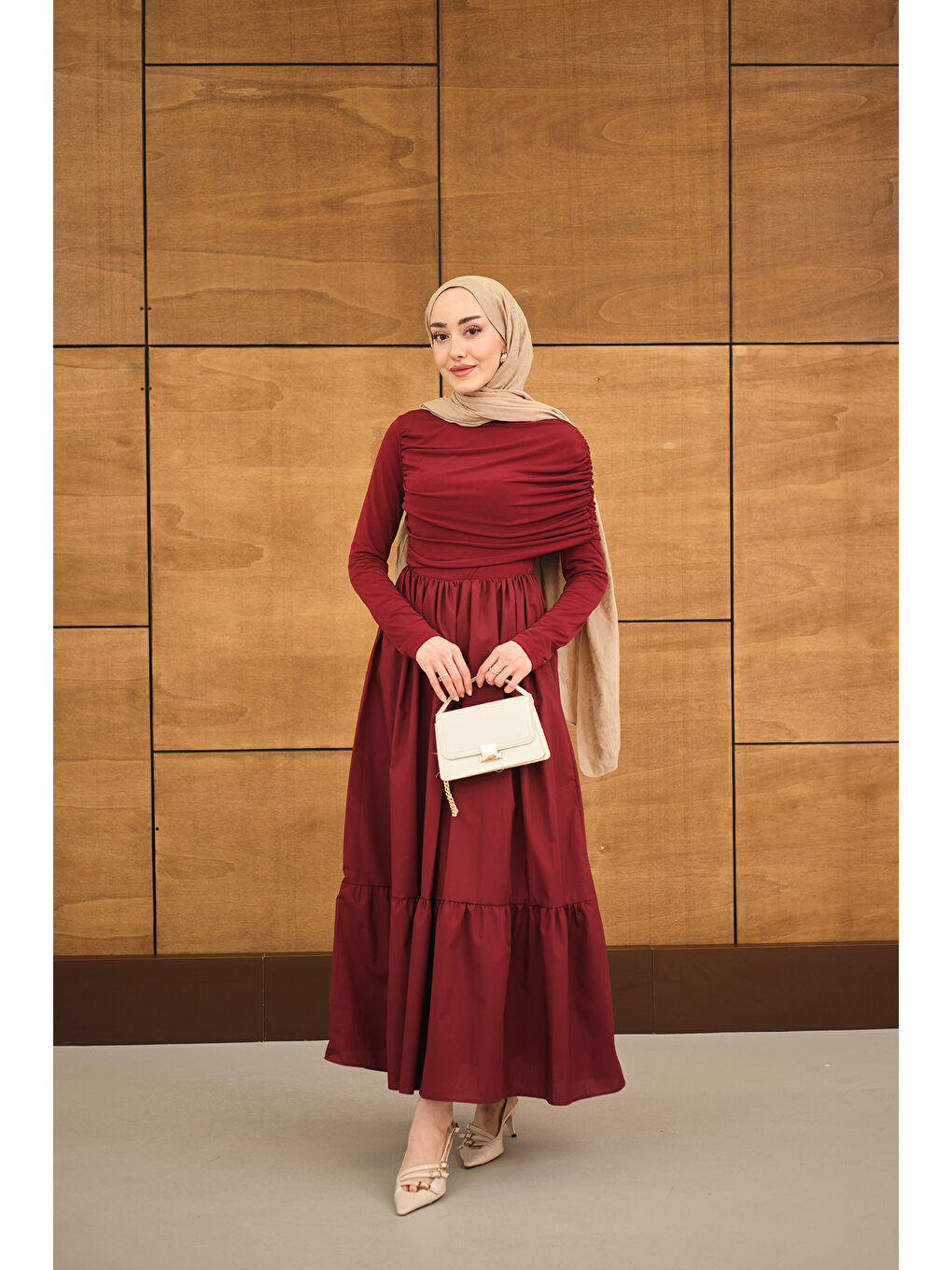 Kadın Büzgü Detaylı Sandy Poplin Elbise Bordo-4