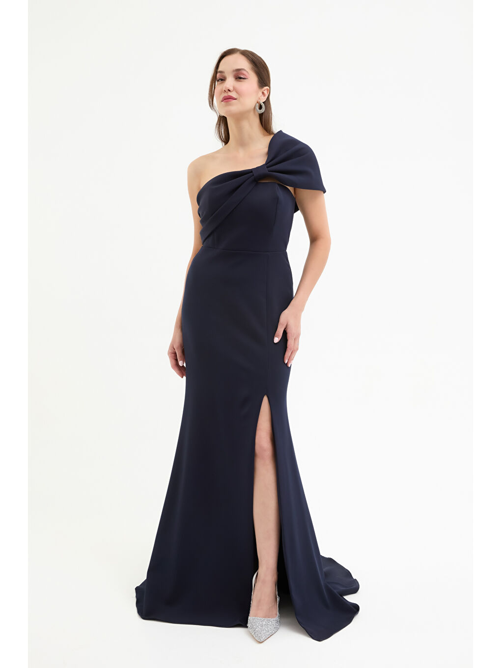 Kadın Lacivert Fiyonk Detay Uzun Abiye Elbise-1