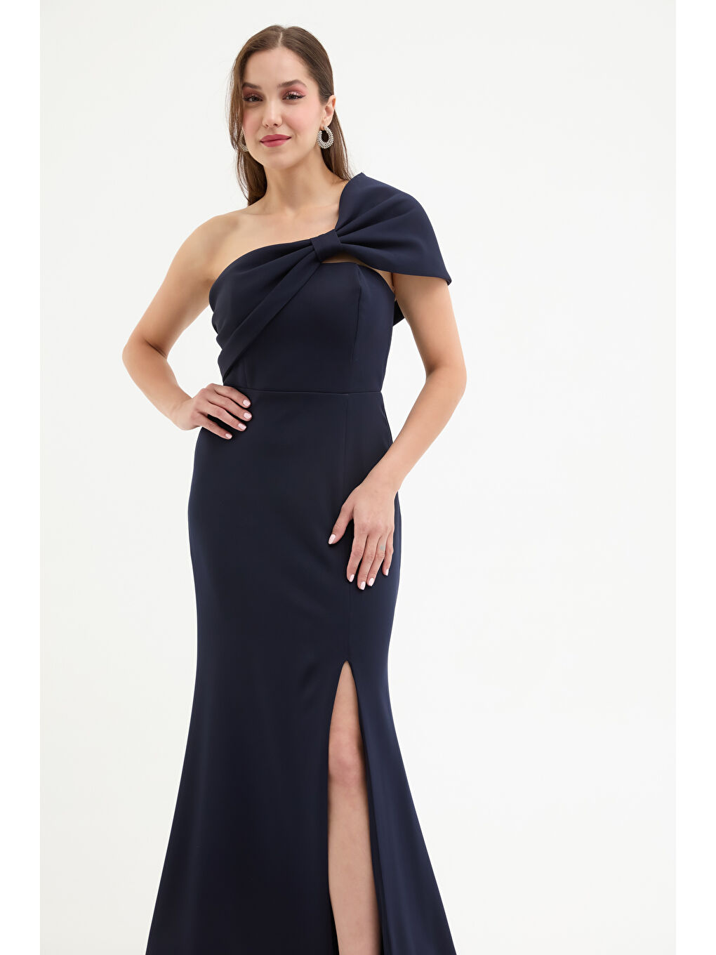 Kadın Lacivert Fiyonk Detay Uzun Abiye Elbise-2