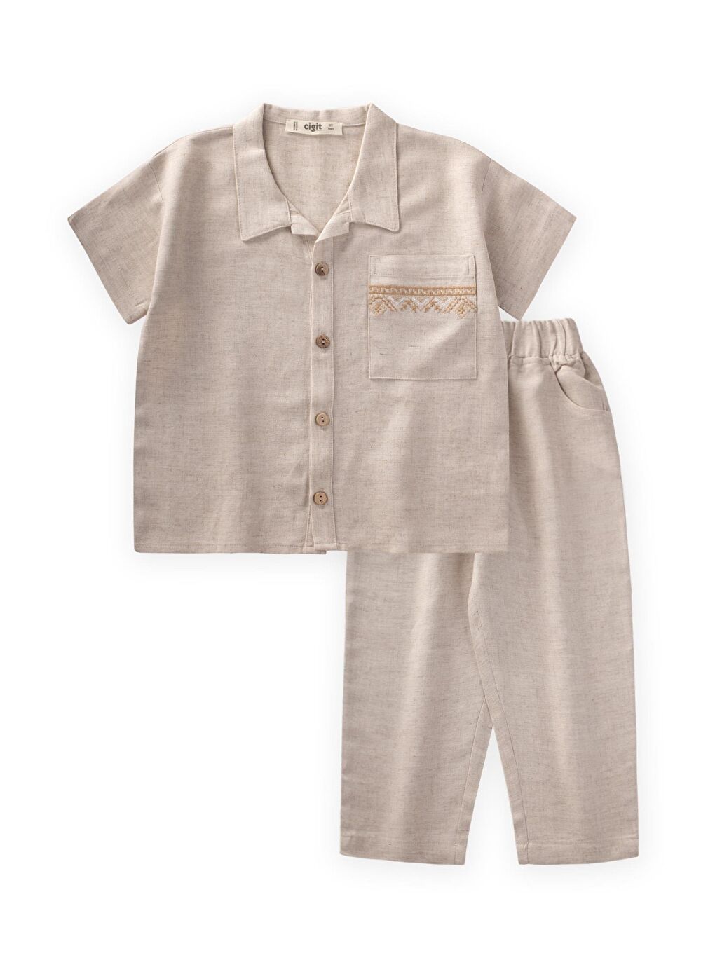 Ekru Cebi Nakışlı Gömlek Pantolon Keten Takım 2-7 Yaş Naturel-1