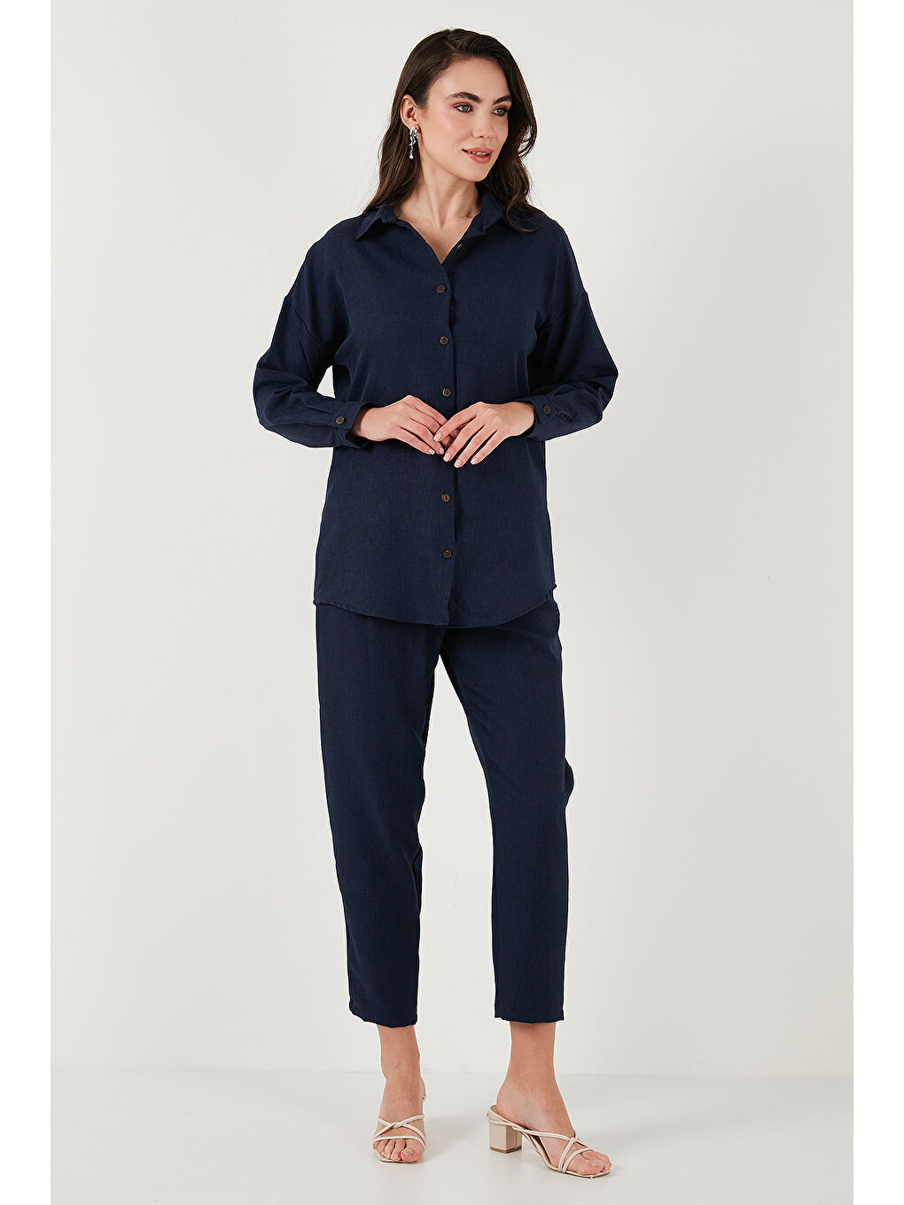 Lacivert Keten Karışımlı Regular Fit Lastikli Bel Uzun Kollu Kadın Alt Üst Takım 6696622-2