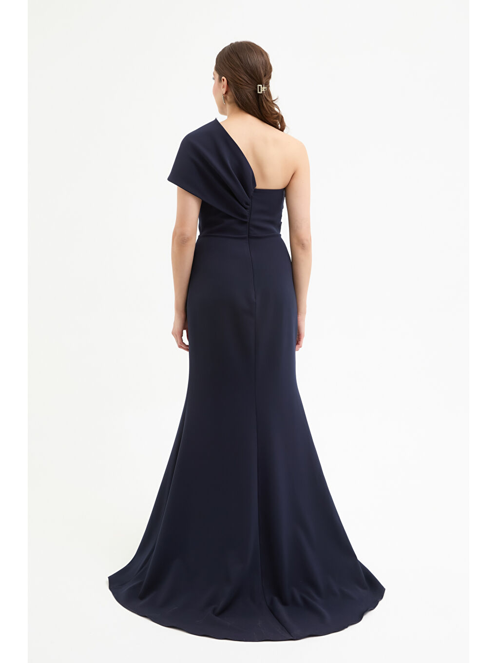 Kadın Lacivert Fiyonk Detay Uzun Abiye Elbise-4