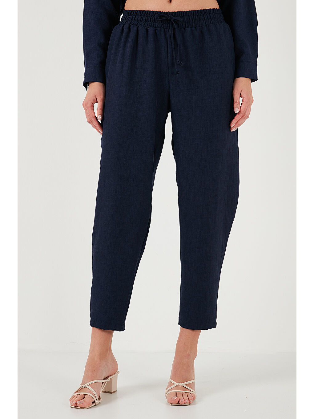 Lacivert Keten Karışımlı Regular Fit Lastikli Bel Uzun Kollu Kadın Alt Üst Takım 6696622-3